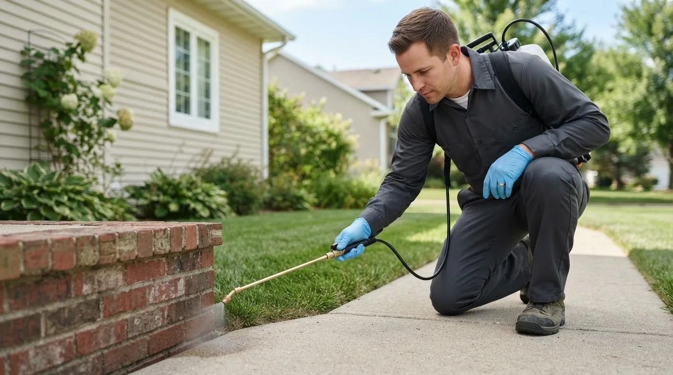 Pest control technician treating a home near Warfield, KY