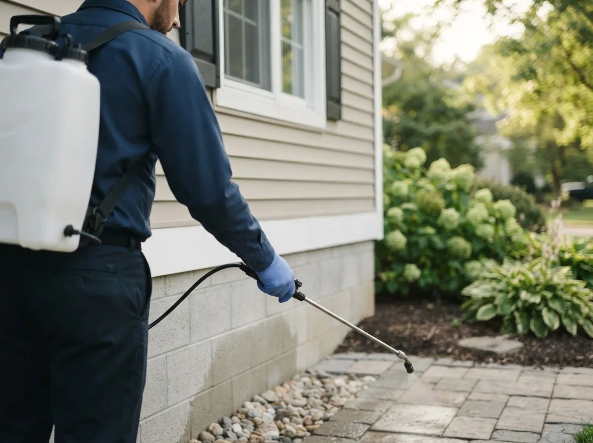 Pest control technician inspecting a home in Warfield, KY